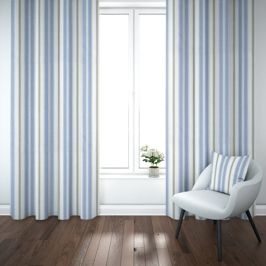Pinch Pleated Curtain Panels Pair in Newbury Antique Blue Stripe- Blue, Green, White