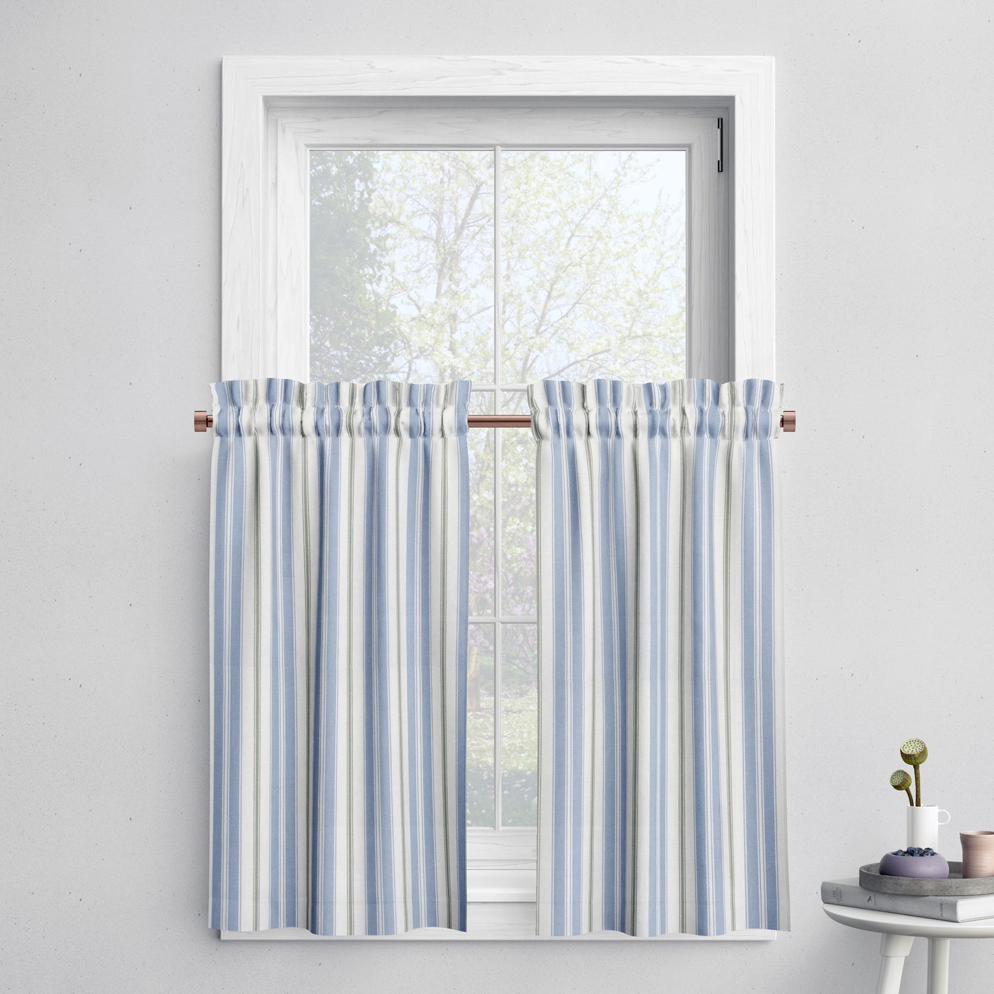 Tailored Tier Cafe Curtain Panels Pair in Newbury Antique Blue Stripe- Blue, Green, White
