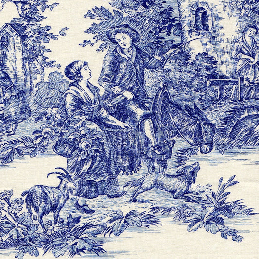 gathered bedskirt in pastorale #2 blue on cream french country toile