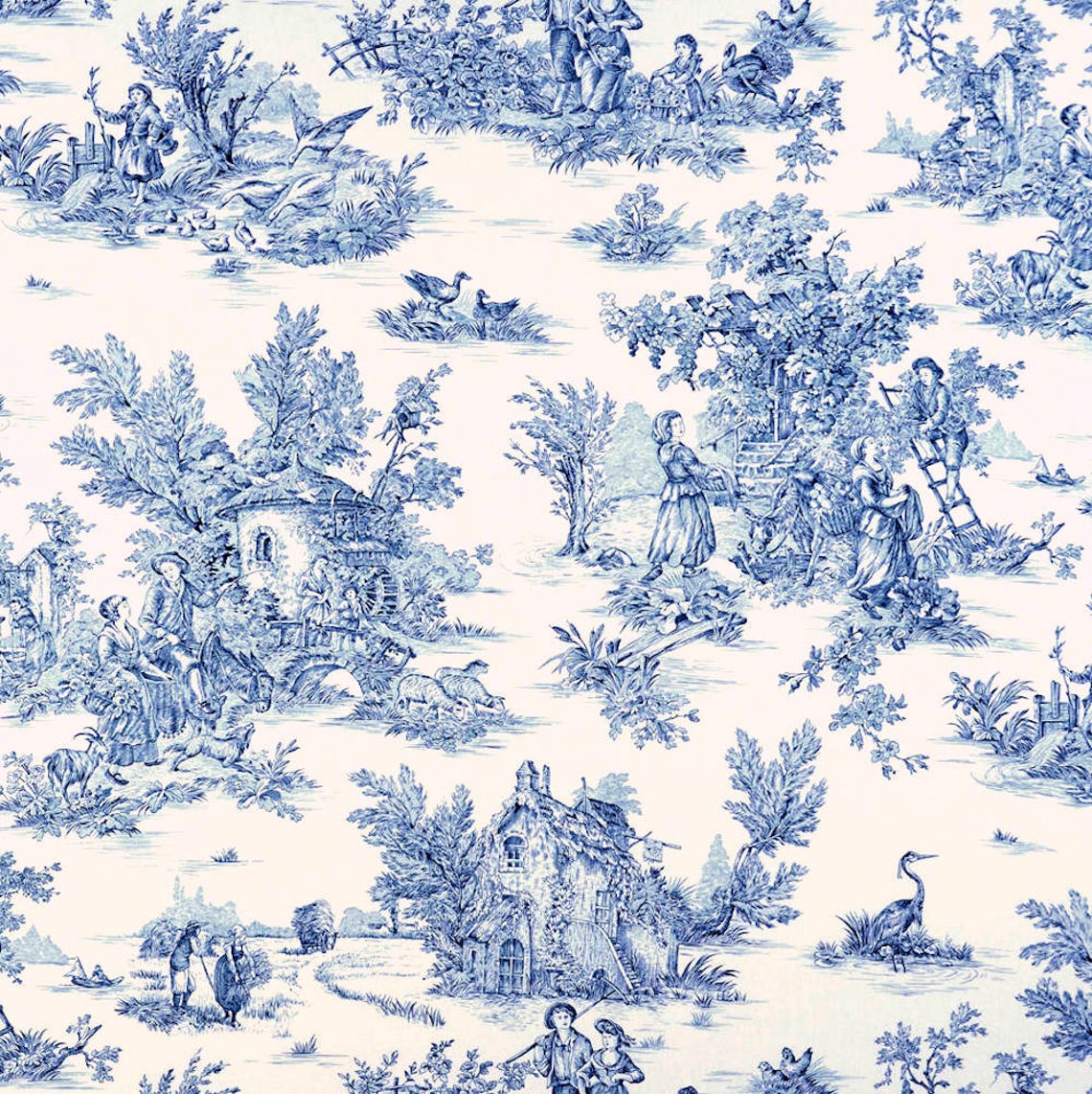 tailored tier cafe curtain panels pair in pastorale #2 blue on cream french country toile