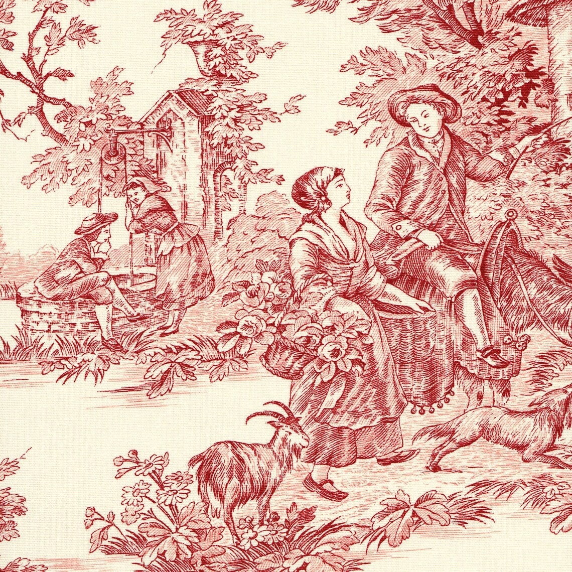 rod pocket curtain panels pair in pastorale #6 red on cream french country toile