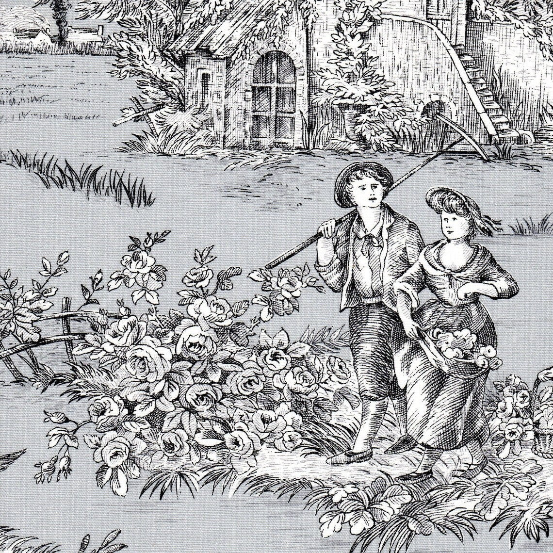 scalloped valance in pastorale #80 grey 0n white french country toile