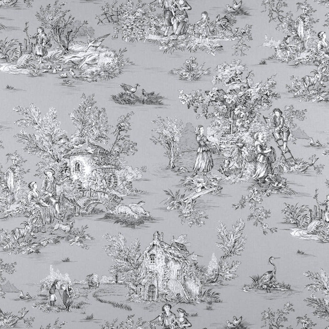 tailored valance in pastorale #80 grey 0n white french country toile