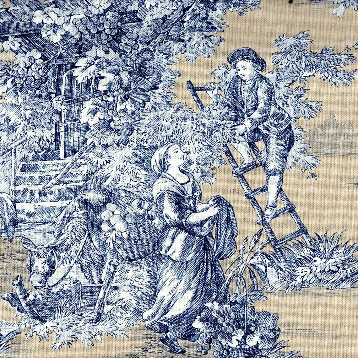 gathered bedskirt in pastorale #88 blue on beige french country toile