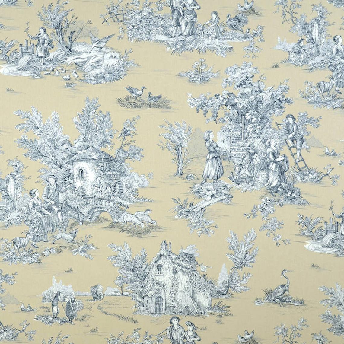 gathered crib skirt in pastorale #88 blue on beige french country toile