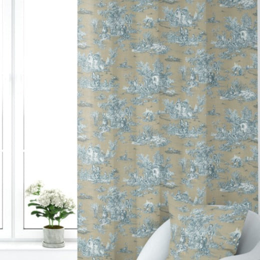 pinch pleated curtain panels pair in pastorale #88 blue on beige french country toile