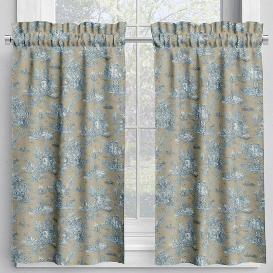 tailored tier cafe curtain panels pair in pastorale #88 blue on beige french country toile