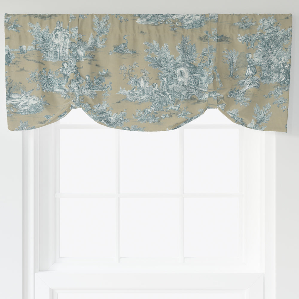 tie-up valance in pastorale #88 blue on beige french country toile