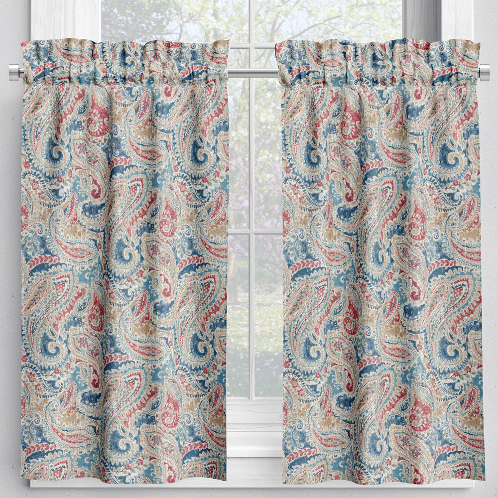 tailored tier cafe curtain panels pair in pisces multi weathered paisley large scale