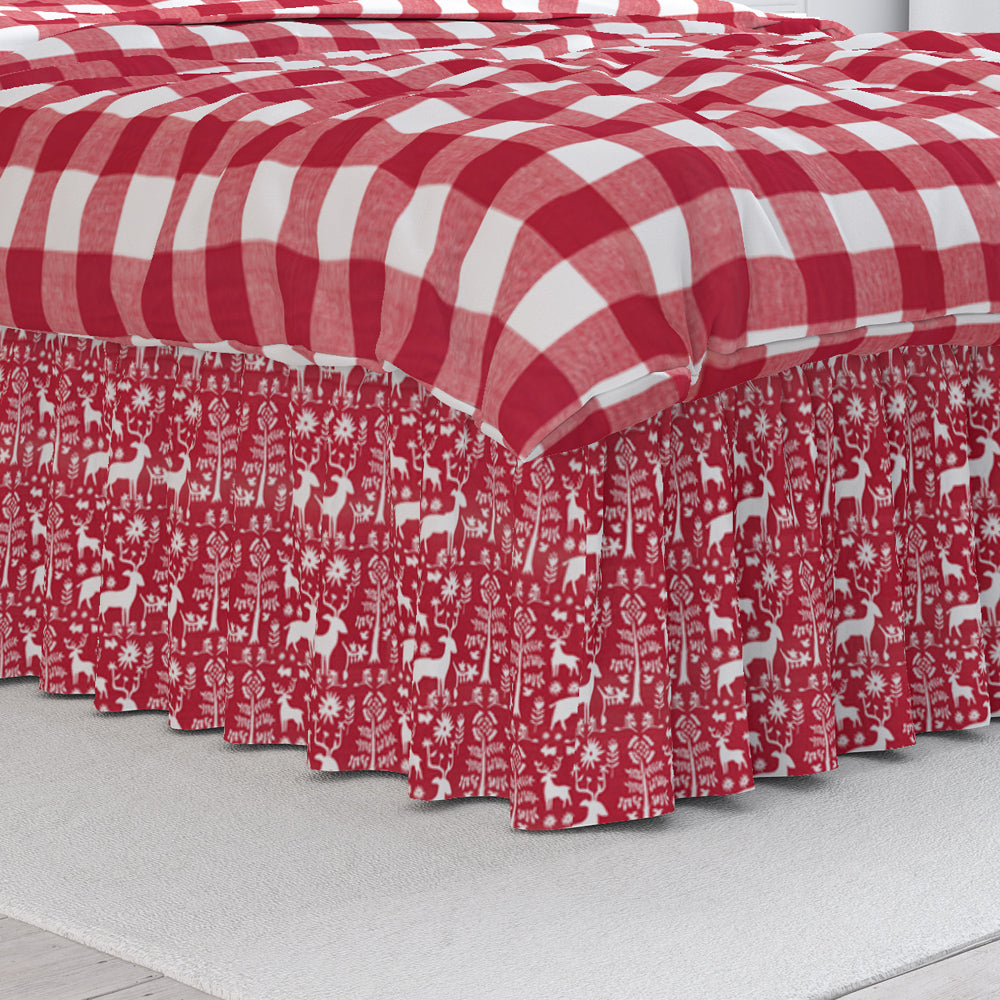 gathered bedskirt in promise land forest lipstick red