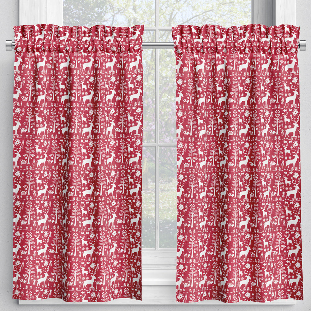 tailored tier cafe curtain panels pair in promise land forest lipstick red