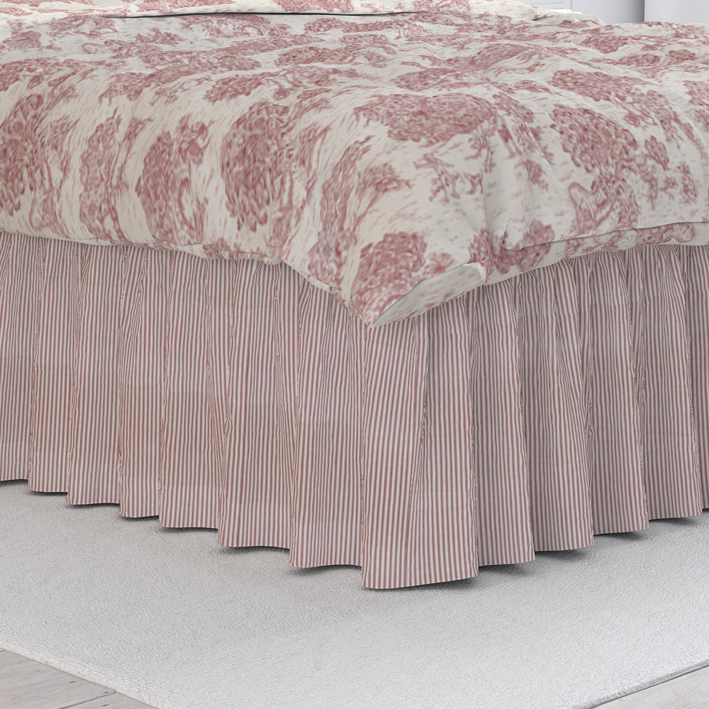 gathered bedskirt in farmhouse red traditional ticking stripe on beige
