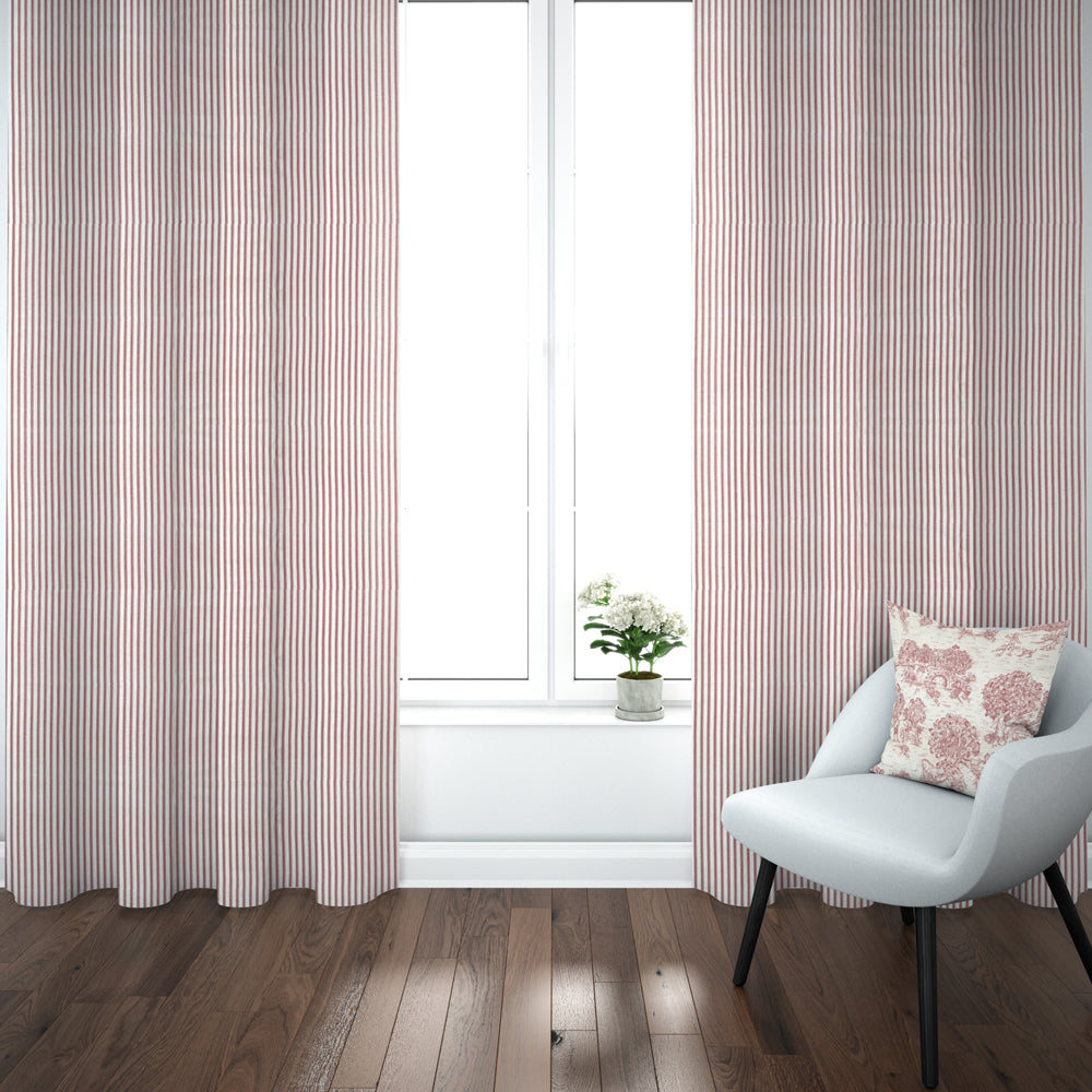 pinch pleated curtains in farmhouse red traditional ticking stripe on beige