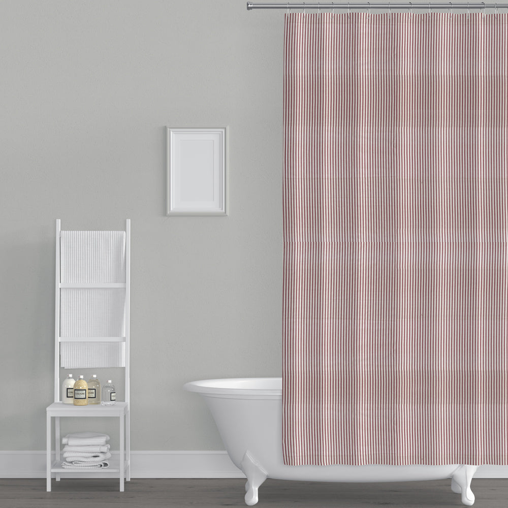 shower curtain in farmhouse red traditional ticking stripe on beige