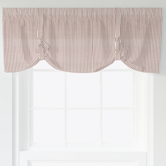 tie-up valance in farmhouse red traditional ticking stripe on beige