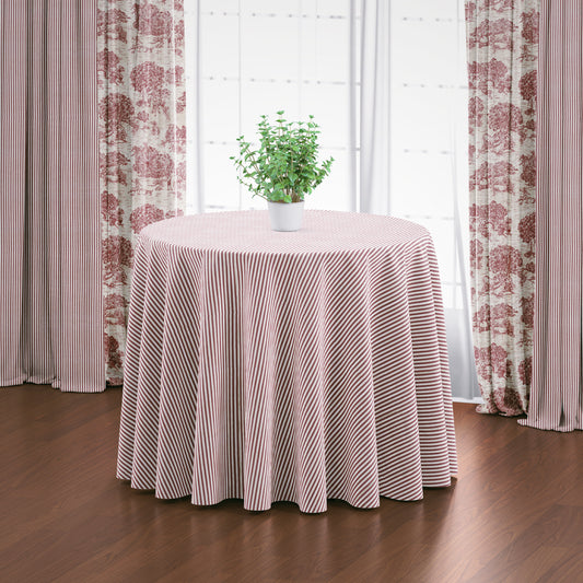 round tablecloth in farmhouse red traditional ticking stripe on beige