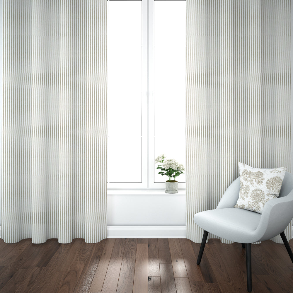 pinch pleated curtains in farmhouse rustic brown ticking stripe