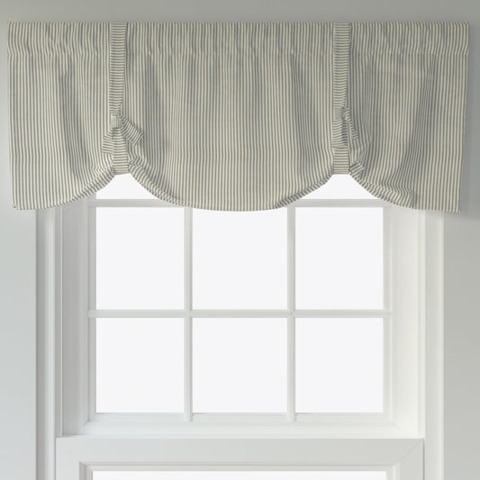 tie-up valance in farmhouse rustic brown ticking stripe