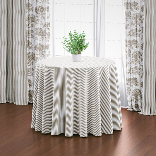 round tablecloth in farmhouse rustic brown ticking stripe