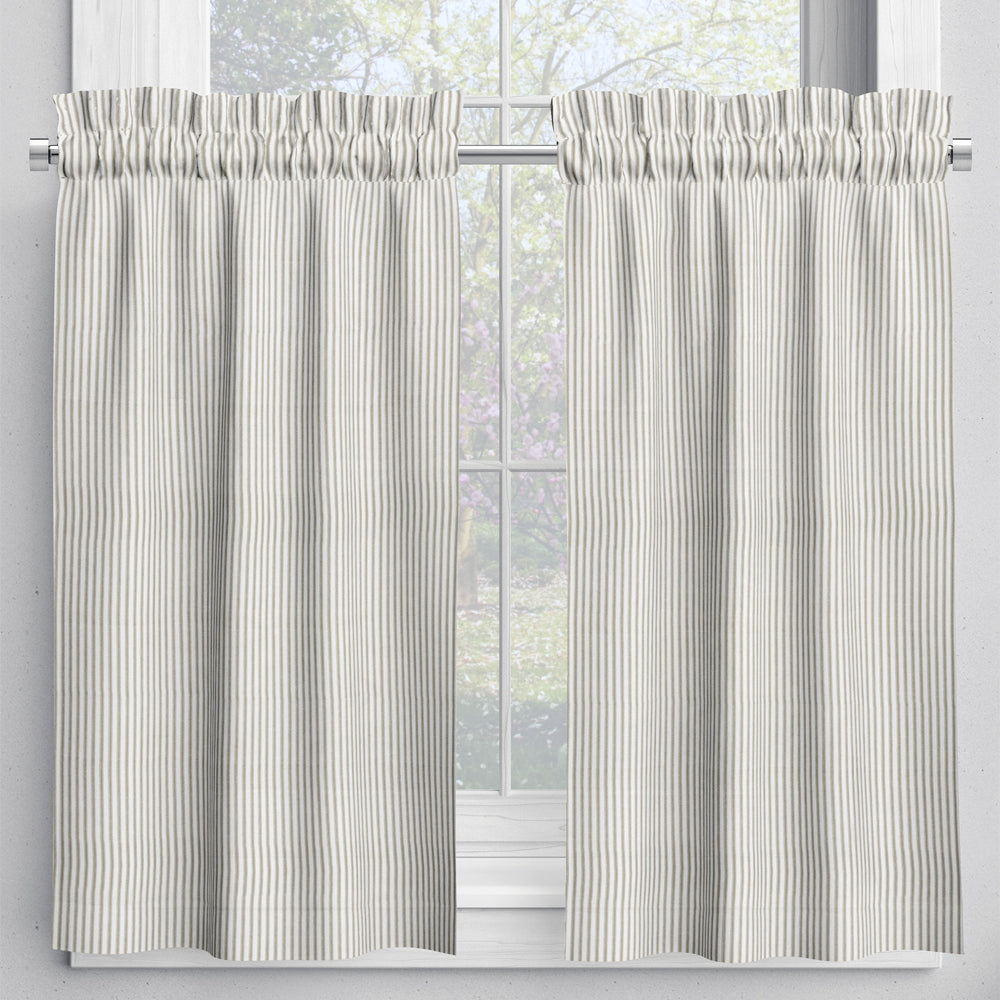 tailored tier curtains in farmhouse rustic brown ticking stripe
