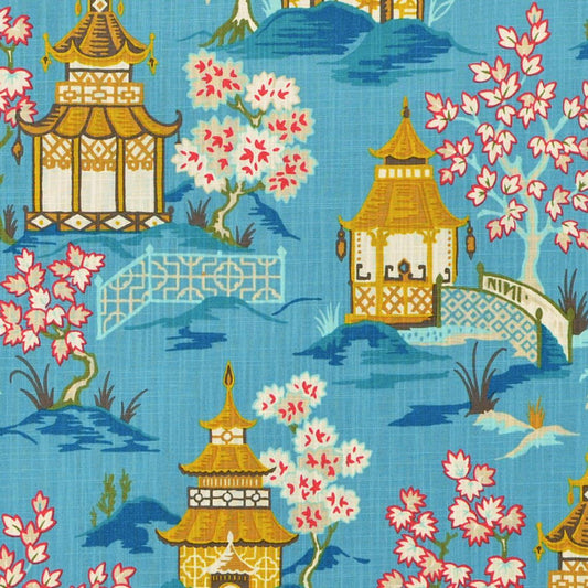 bed scarf in shoji azure blue oriental toile, multicolor chinoiserie