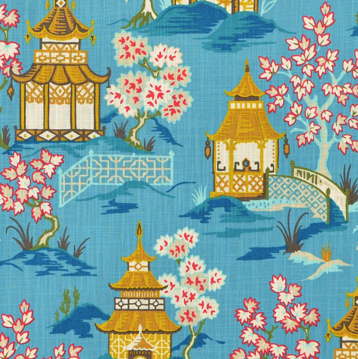 pinch pleated curtain panels pair in shoji azure blue oriental toile multicolor chinoiserie