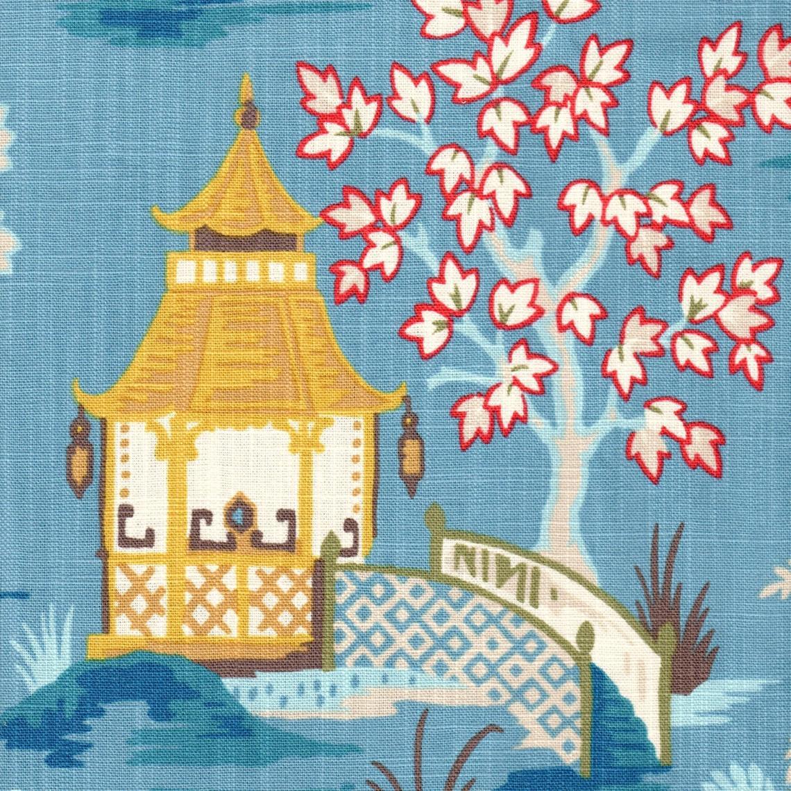 gathered crib skirt in shoji azure blue oriental toile, multicolor chinoiserie