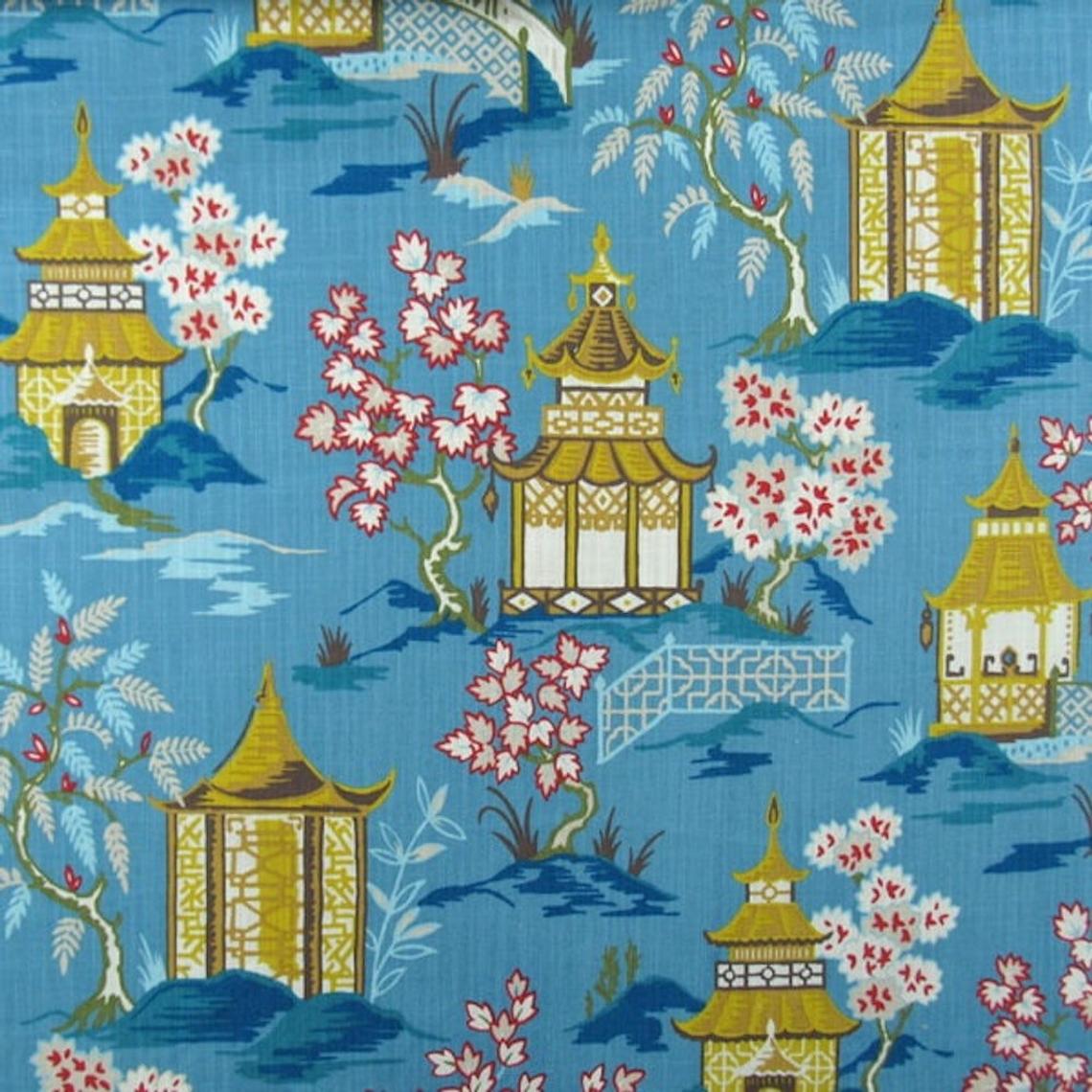 gathered bedskirt in shoji azure blue oriental toile multicolor chinoiserie