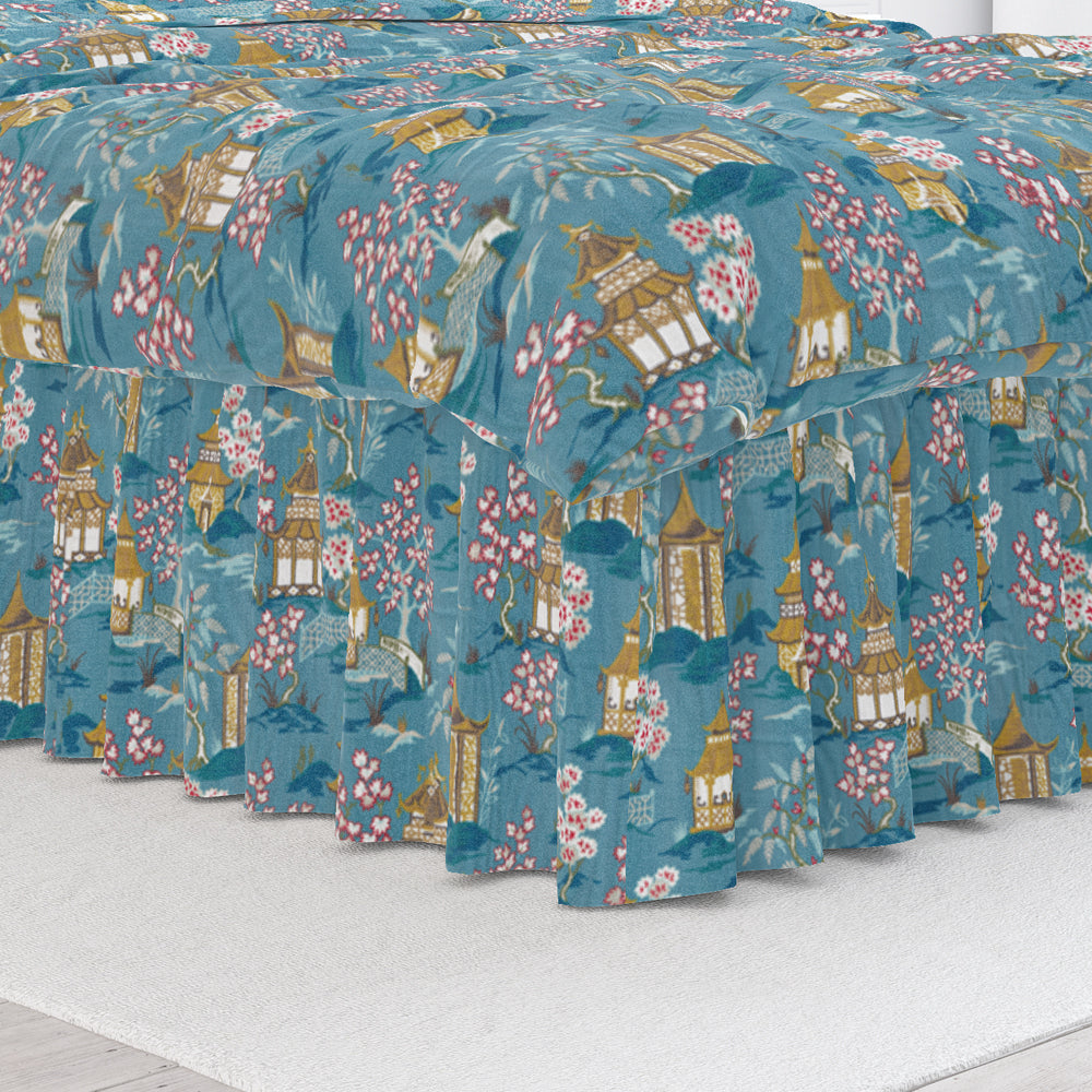 gathered bedskirt in shoji azure blue oriental toile multicolor chinoiserie