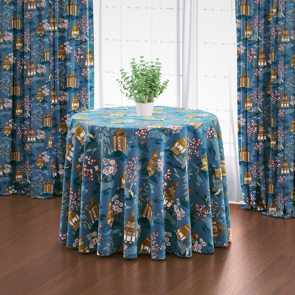 round tablecloth in shoji azure blue oriental toile multicolor chinoiserie