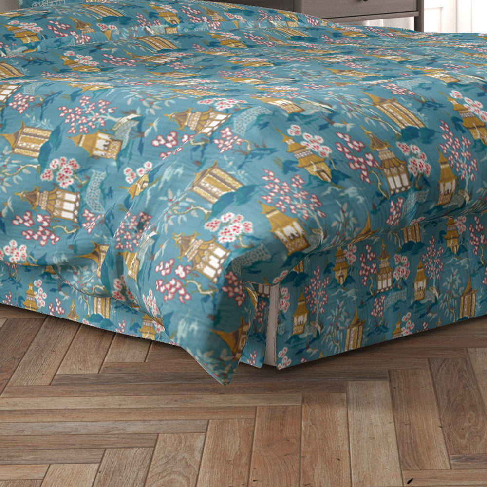 tailored bedskirt in shoji azure blue oriental toile multicolor chinoiserie