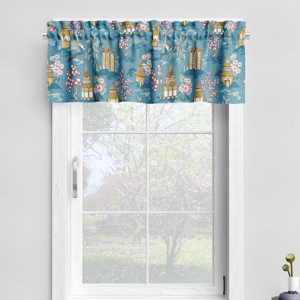 tailored valance in shoji azure blue oriental toile multicolor chinoiserie