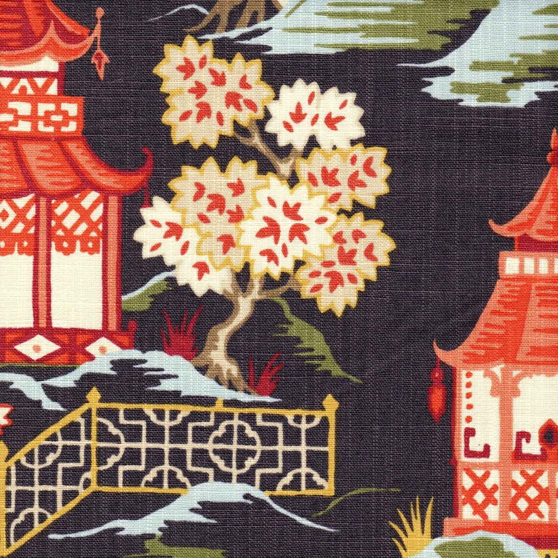 gathered bedskirt in shoji lacquer oriental toile, multicolor chinoiserie