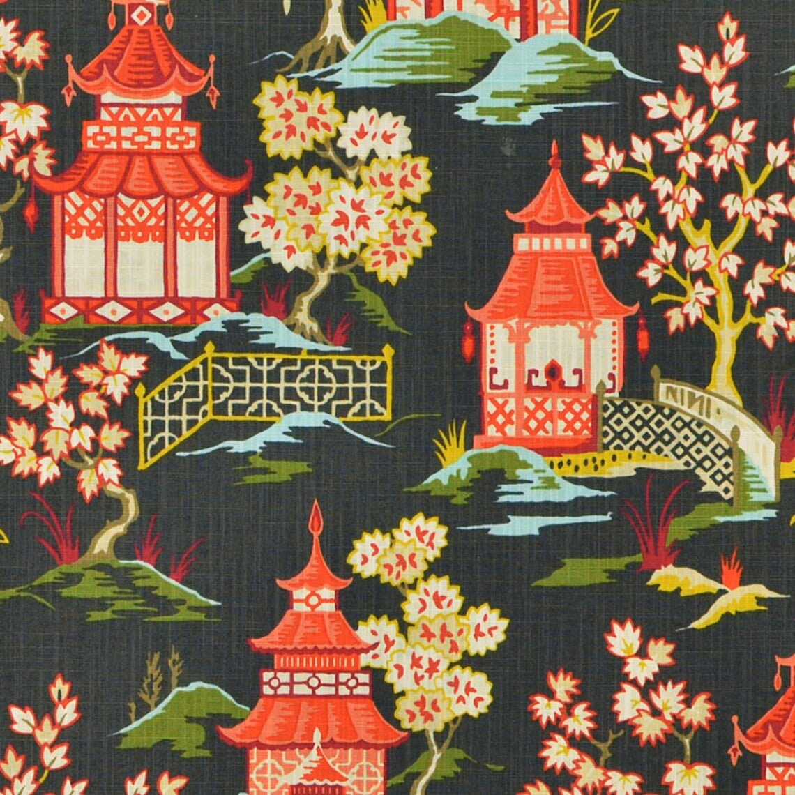 tab top curtain panels pair in shoji lacquer oriental toile, multicolor chinoiserie