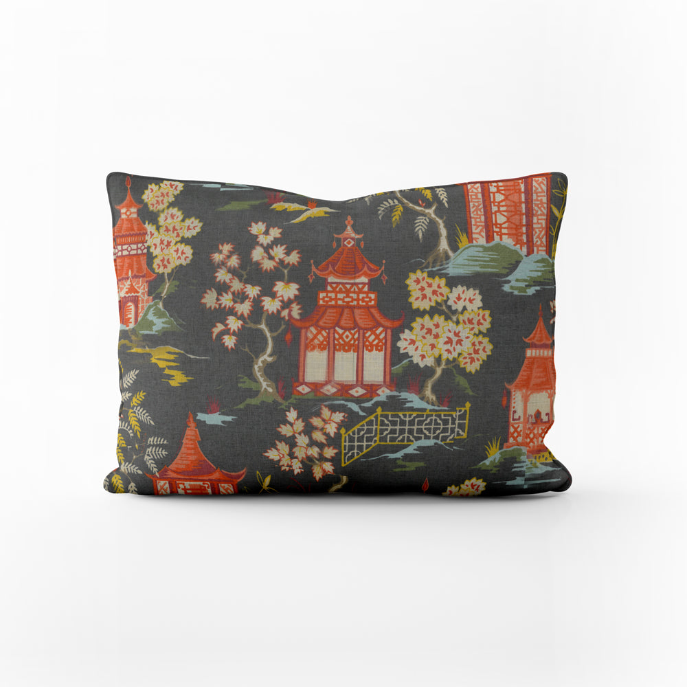 decorative pillows in shoji lacquer oriental toile, multicolor chinoiserie oblong 16" x 12"
