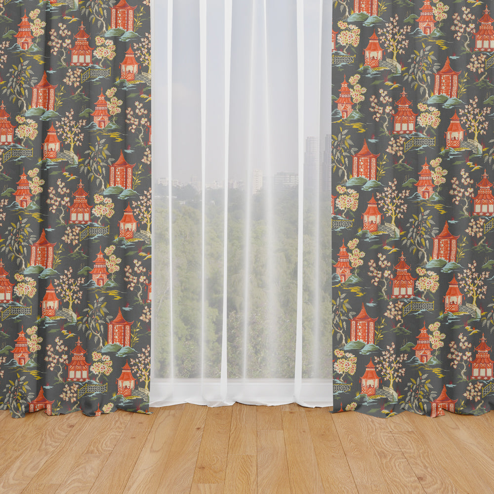 rod pocket curtain panels pair in shoji lacquer oriental toile, multicolor chinoiserie