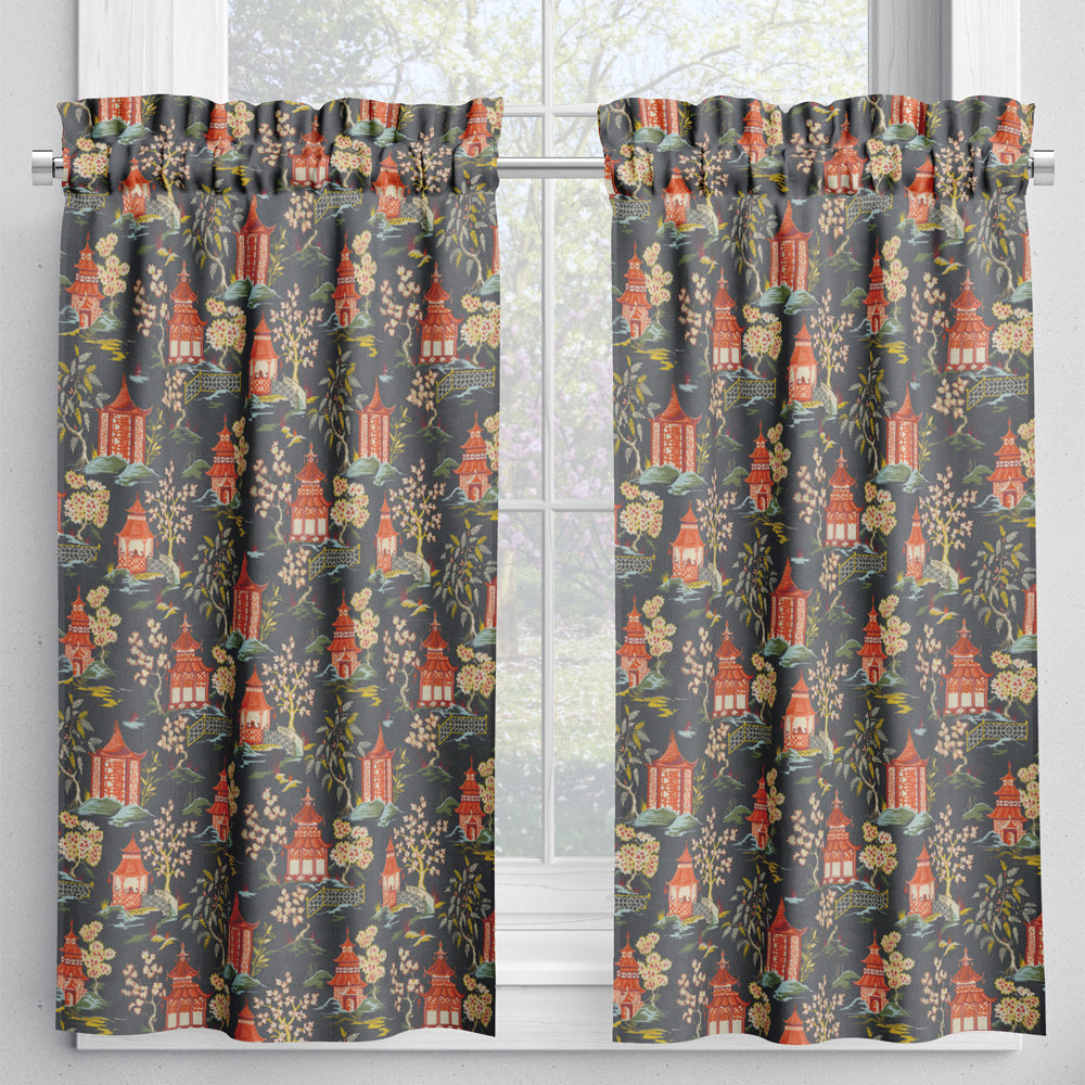 tailored tier cafe curtain panels pair in shoji lacquer oriental toile, multicolor chinoiserie