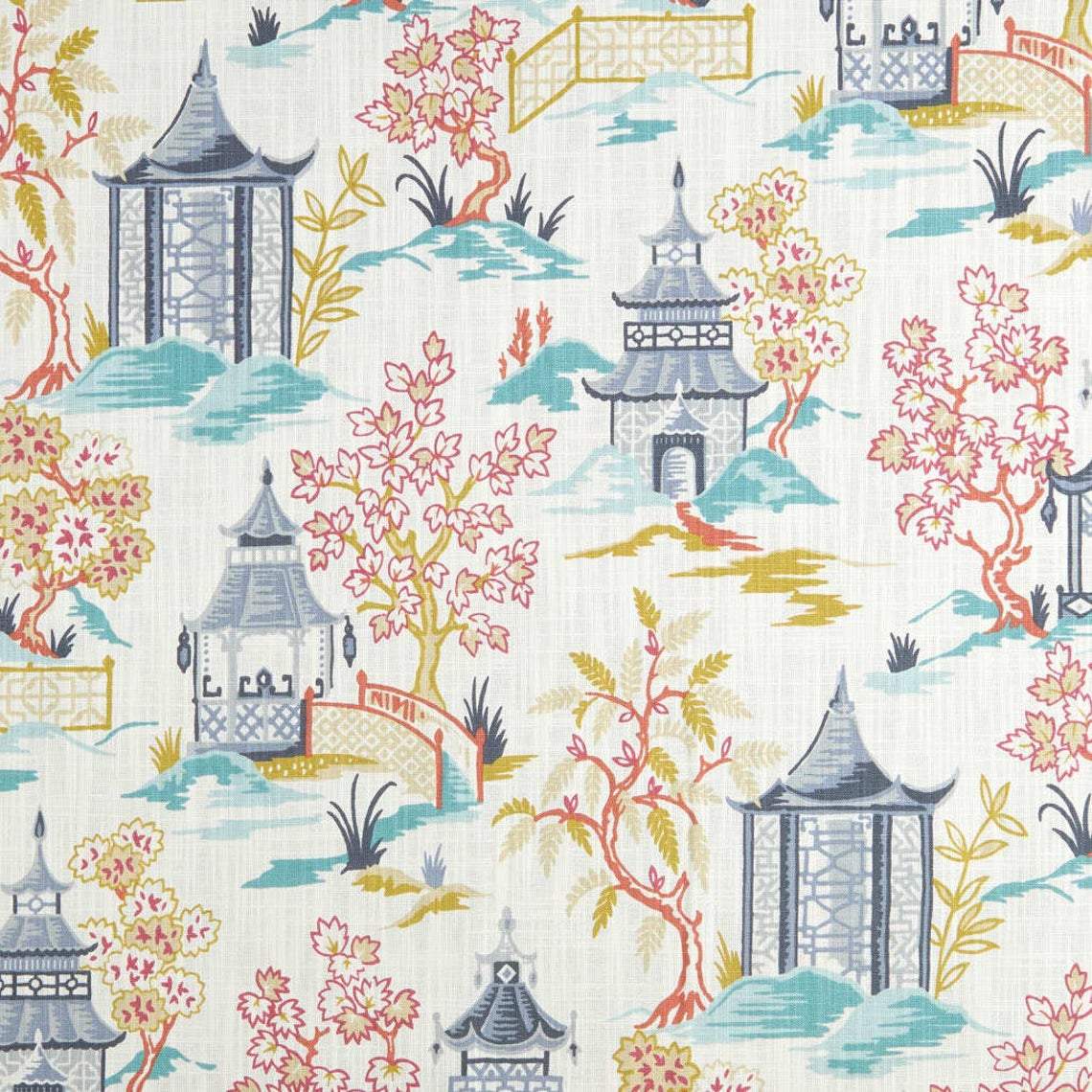 bed scarf in shoji summer oriental toile, multicolor chinoiserie