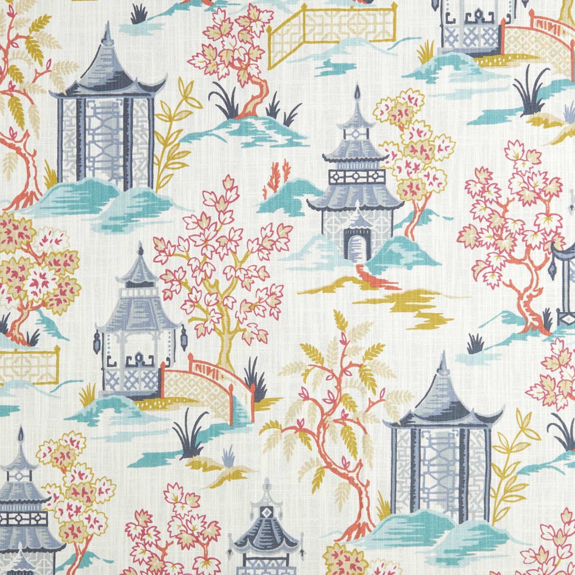 gathered bedskirt in shoji summer oriental toile, multicolor chinoiserie