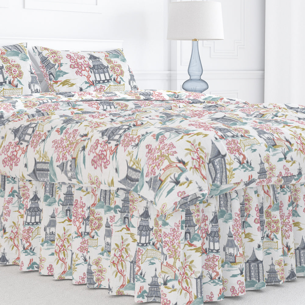 gathered bedskirt in shoji summer oriental toile, multicolor chinoiserie