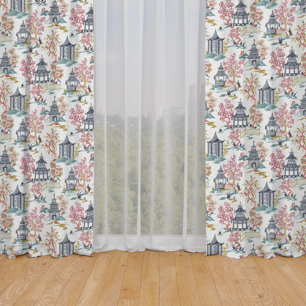 rod pocket curtain panels pair in shoji summer oriental toile, multicolor chinoiserie