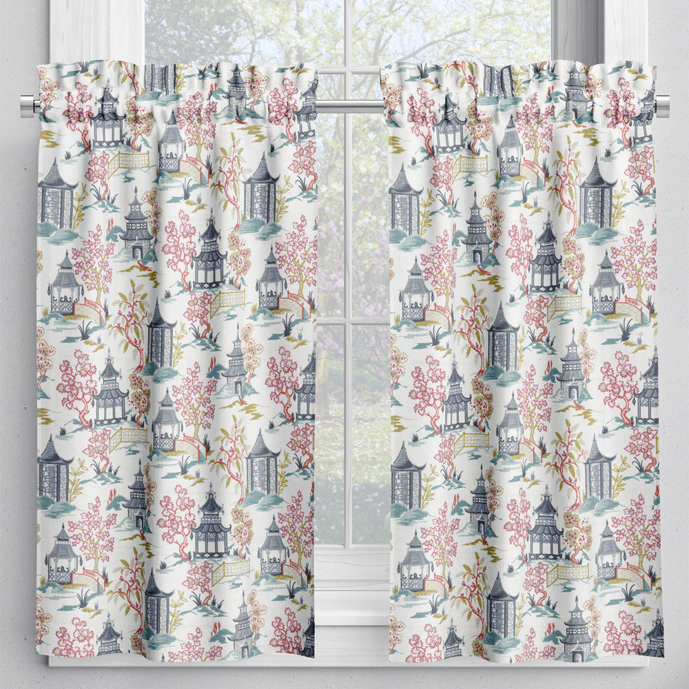 tailored tier cafe curtain panels pair in shoji summer oriental toile, multicolor chinoiserie