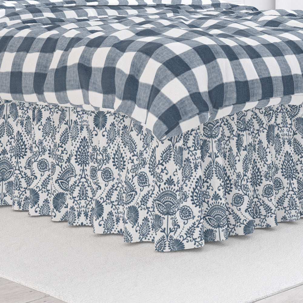 gathered bedskirt in silas italian denim blue country floral
