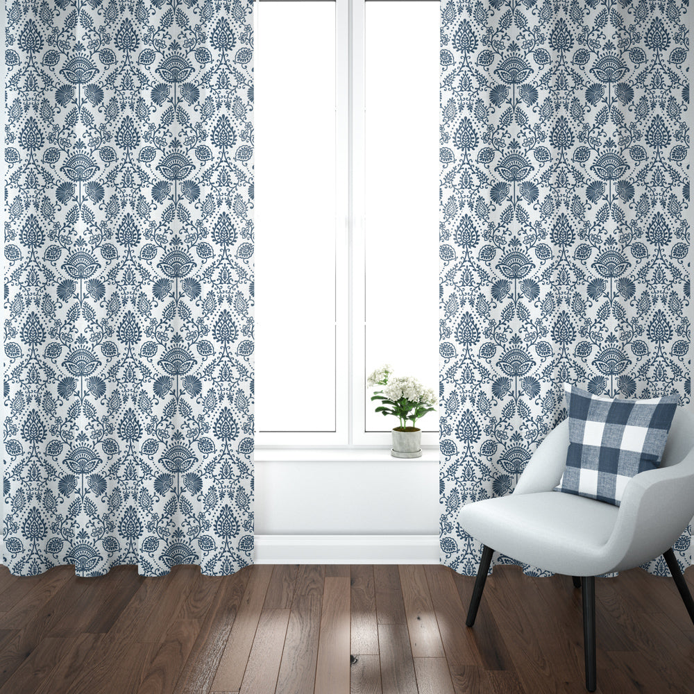 pinch pleated curtain panels pair in silas italian denim blue country floral
