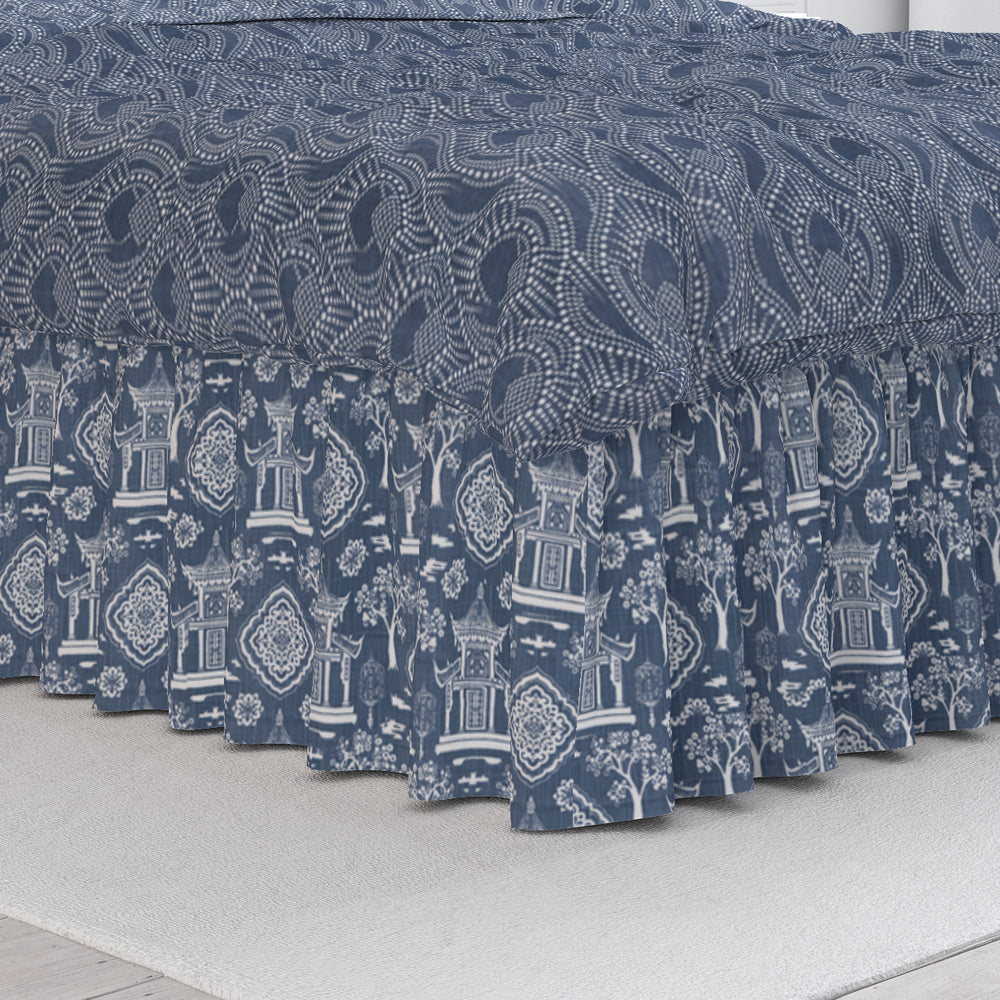 gathered bedskirt in spirit regal navy blue oriental toile