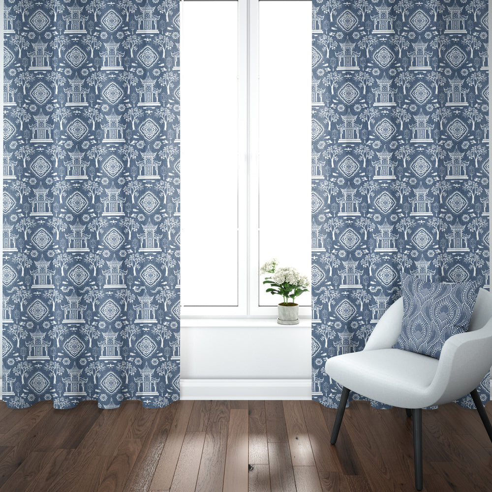 pinch pleated curtain panels pair in spirit regal navy blue oriental toile