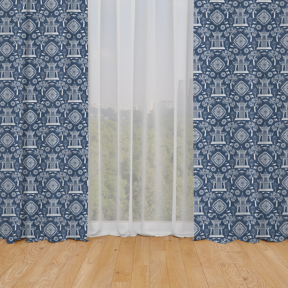 rod pocket curtain panels pair in spirit regal navy blue oriental toile