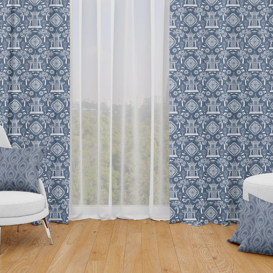 tab top curtain panels pair in spirit regal navy blue oriental toile
