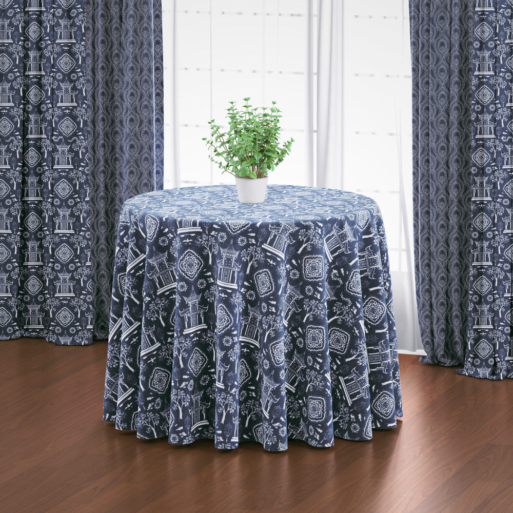 round tablecloth in spirit regal navy blue oriental toile