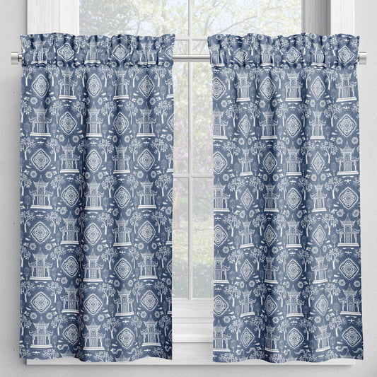 tailored tier cafe curtain panels pair in spirit regal navy blue oriental toile